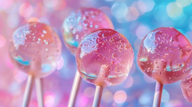 Mesmerizing close up of glossy lollipops reflecting rainbow hues scattered artistically against a pastel background