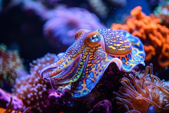 Mesmerizing cuttlefish camouflaging against a coral reef its color shifting skin patterns creating a hypnotic effect