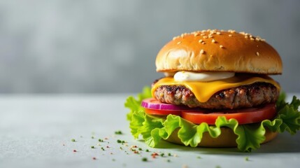 Juicy Cheeseburger with Sesame Bun, Melted Cheese, Lettuce, Tomato, and Onion Rings
