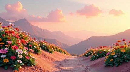 Serene Sunset Vista A Path Adorned with Vibrant Wildflowers Leading Through Rolling Hills
