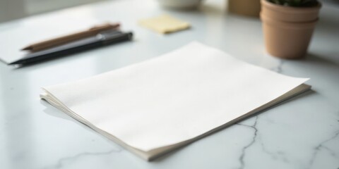 Blank Notebook Ready for Ideas on a Marble Surface with Pens