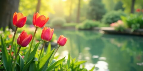 Serene Springtime Garden Scene Featuring Vibrant Red Tulips Blooming Near a Tranquil Pond Under the Warm Glow of Sunlight