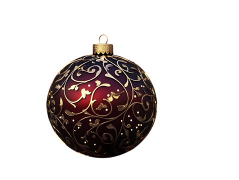 Ornate christmas ornament with gold filigree on transparent background