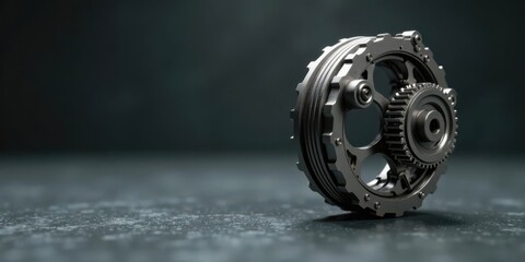 Precision engineered metal gears, intricate mechanism, complex industrial component, detailed machinery, dark background