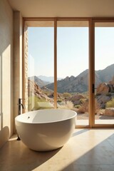 Serene Minimalist Bathroom with Panoramic Desert View Featuring a Freestanding Oval Tub