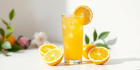 Fototapeta premium A refreshing glass of bright yellow lemon juice sits on a pristine white background, juicy, sour
