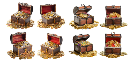 Treasure Chests Filled with Gold Coins and Jewels on a White Background, Isolated on Transparent, white background