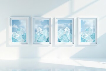 Serene Minimalist Interior Featuring Four White Frames Displaying Ice Formations Against a Cloudy Sky