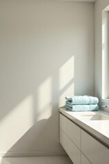 Sunlight Illuminates Stacked Light Blue Bath Towels on Modern Bathroom Vanity