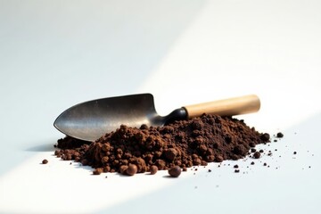 A small garden trowel rests in a pile of rich dark brown soil, ready for planting