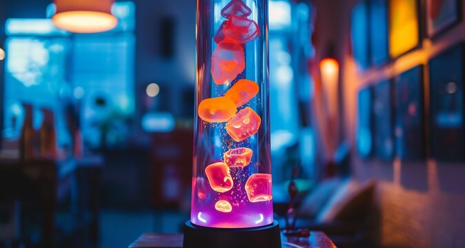 Mesmerizing lava lamp filled with floating jelly cubes glowing in neon hues