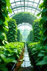 Lush Greenery Thriving in a Greenhouse Setting Rows of vibrant, heart-shaped leaves line a central water channel, creating a serene and verdant pathway under a glass ceiling.