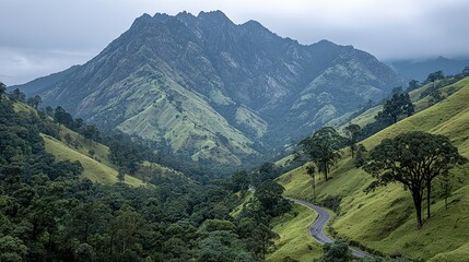 Fototapeta premium Winding road through a valley nestled amongst green hills and mountains.