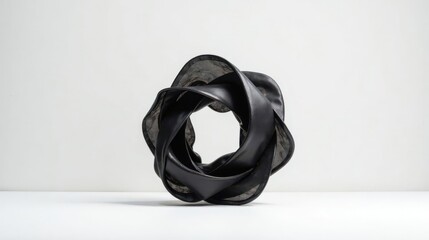 Intricate Black Leather Sculpture, a Modern Abstract Form with Smooth Curves and Intertwined Layers, Displayed on a Simple White Background