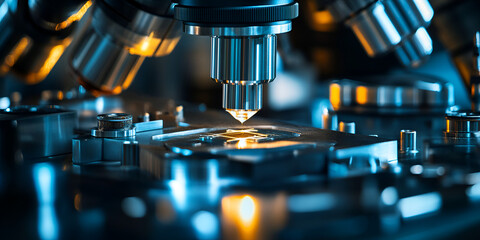 Close-up of microscope in scientific laboratory, Detailed view of microscope lens and stage, Precision optical instrument for lab research