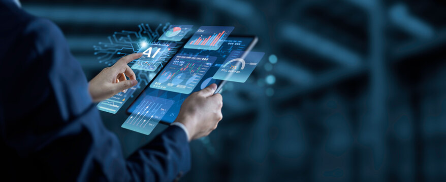 Artificial intelligence and data analytics technology concept showing businessperson using tablet with virtual dashboard, financial charts, and AI interface for smart decision making.