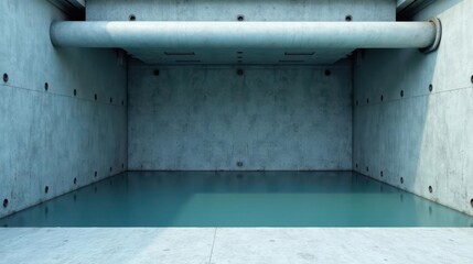 Subterranean Chamber with Teal Water Feature and Industrial Piping