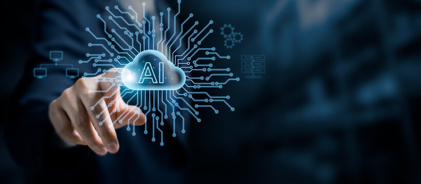 Businessman hand touching AI cloud icon with digital circuit lines, cloud computing, artificial intelligence technology, data processing and futuristic innovation in digital transformation. - Powered by Adobe