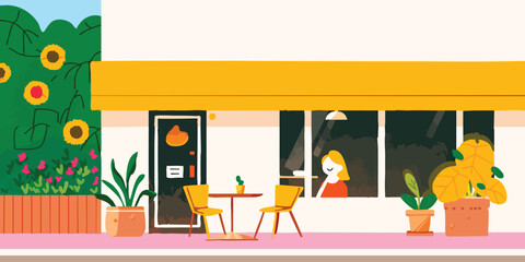 Fototapeta premium An inviting cafe scene in a charming setting, featuring a person at the window. Capture a warm atmosphere, with charming sunflowers and inviting design.
