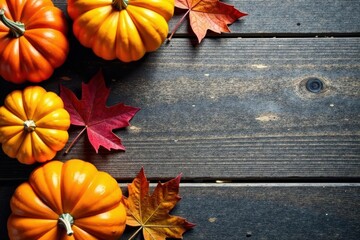 Autumnal Harvest Scene Vibrant Pumpkins and Colorful Fall Leaves on Rustic Wooden Background