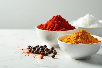 Aromatic Collection of Vibrant Spices in Simple White Bowls with Scattered Peppercorns