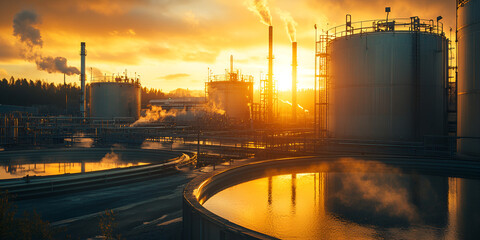  Industrial oil refinery with sunset backdrop, Oil processing plant during golden hour, Industrial petrochemical facility in evening light