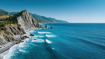 Obraz premium Picturesque coastal scenery with a rocky shoreline and turquoise ocean.