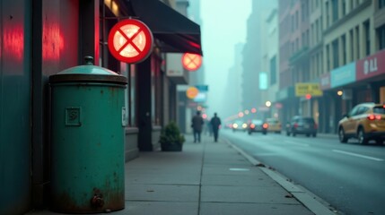 A weathered green metal receptacle stands beside a city street on a foggy morning, near illuminated no-stopping signs reflecting red light