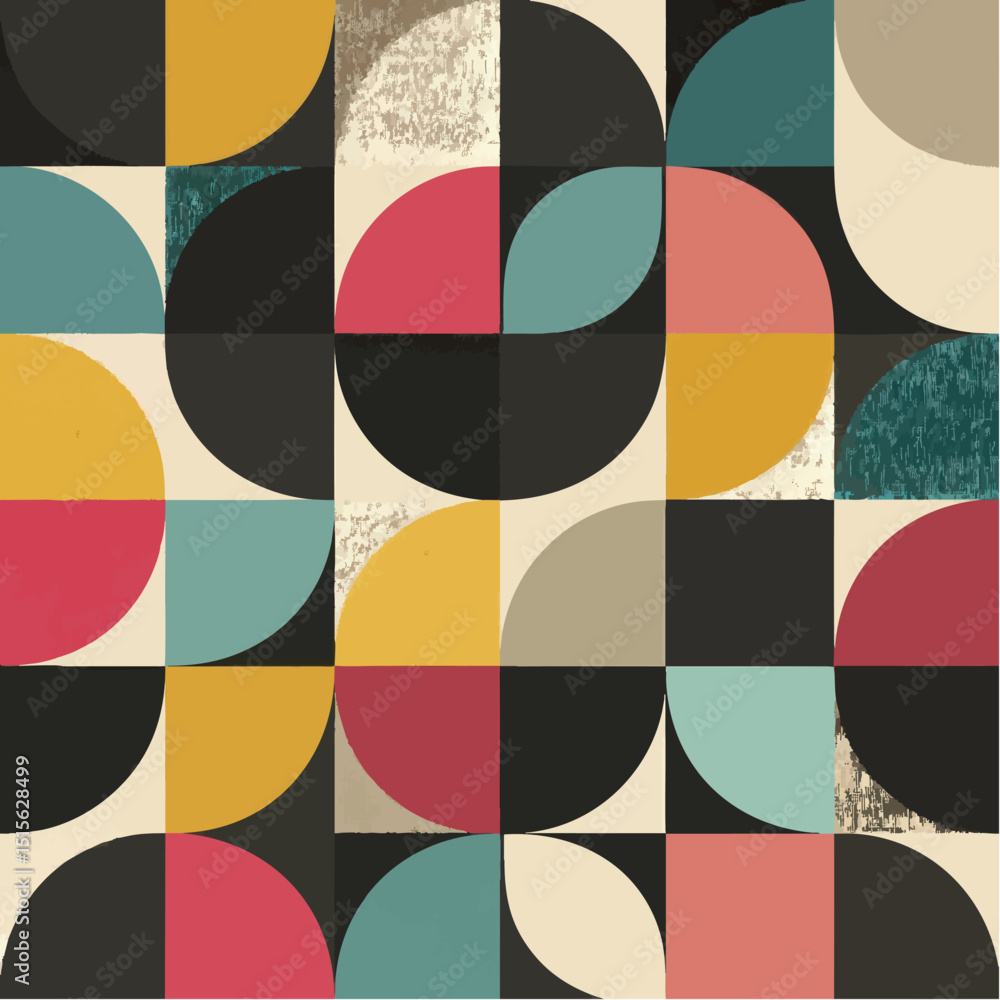 Poster geometric pattern of circles squares in muted retro colors with textured surfaces