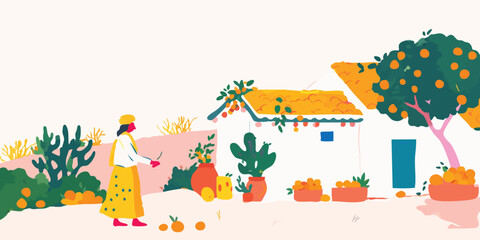 Fototapeta premium A woman harvests oranges in her garden, under the summer sun, celebrating the freshness and simplicity of harvest life. 