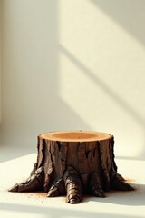 Rustic Tree Stump Display Stand with a Subtle Cocoa Dusting in Soft Sunlight