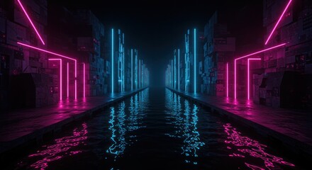 Cyberpunk canal reflects neon city lights