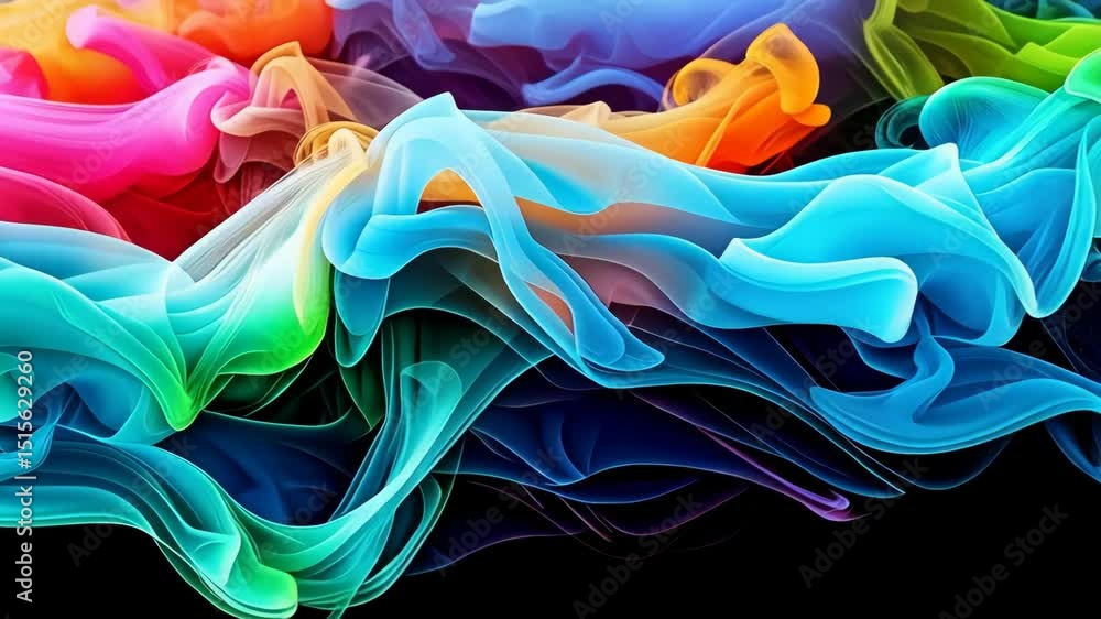 Poster abstract colorful flowing waves on black background creates dynamic and vibrant motion graphic eleme