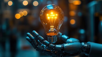 A robotic hand holding a glowing eco-friendly lightbulb, symbolizing green technology