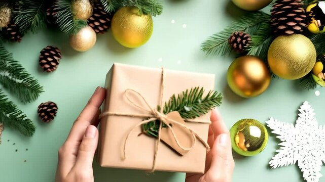 Hands Holding Wrapped Gift Box with Pine Sprig and Tag on Green Background