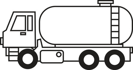 Tank Truck Outline Vector Illustration - Simple Monochrome Fuel Transport Vehicle for Educational Materials, Coloring Pages, and Industrial Icons