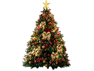 Decorated christmas tree with ornaments and a golden star top on transparent background