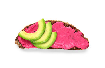 Piece of bread with tasty beetroot hummus and avocado on white background