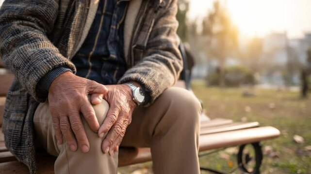 Man&rsquo;s Knees Pain: An elderly man tenderly touches his knee, a clear depiction of discomfort, while seated on a wooden park bench under the warm sun.