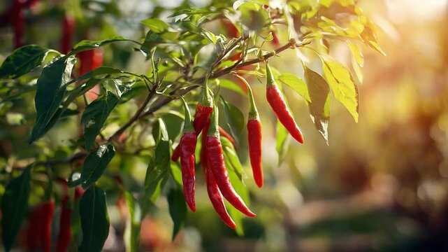 Red Chili Peppers on Branch in Sunshine: The image shows vibrant red chili peppers hanging on a tree branch, bathed in warm sunshine