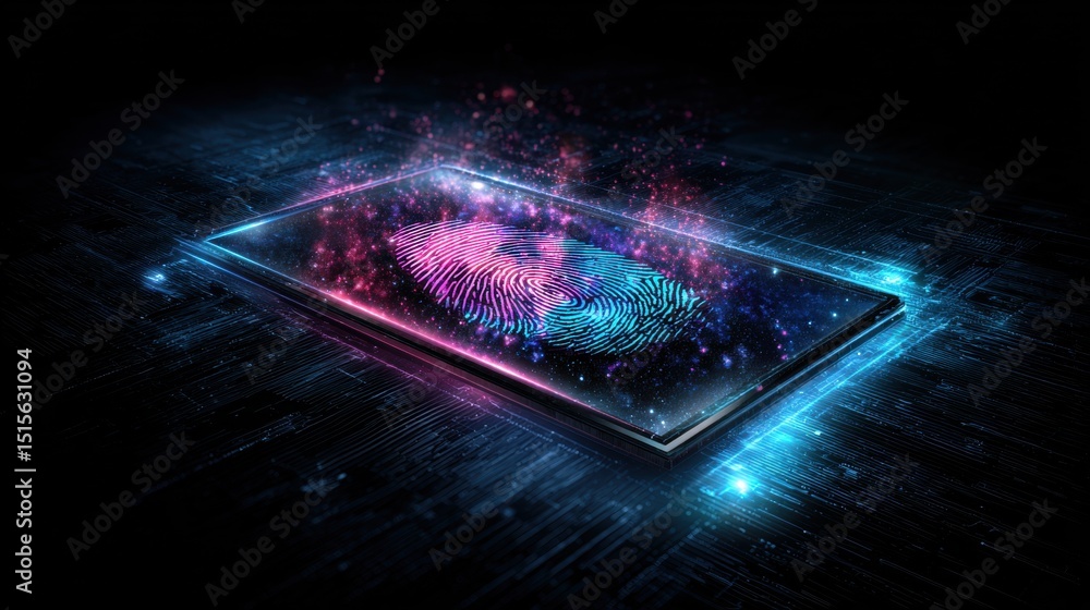 Poster a captivating depiction of a fingerprint illuminated on a sleek device, blending technology with cos