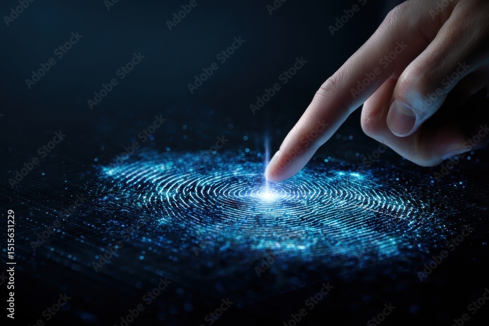 Poster a finger touches a luminous fingerprint pattern, symbolizing the intersection of technology and pers