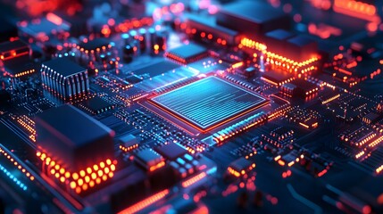 Fototapeta premium Close-up view of a circuit board with glowing components.