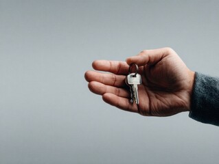 A close-up of a hand gracefully holding a set of keys against a soft gray background.
