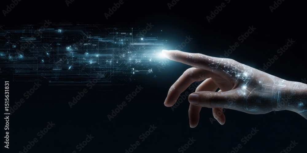 Poster a futuristic hand extends towards a stream of digital data, representing the merger of human touch a