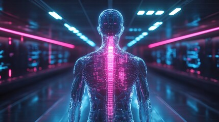 A neon-lit transparent human body showcasing cybernetic enhancements