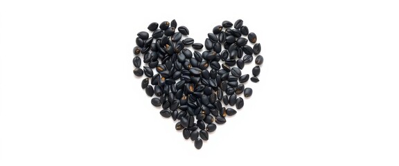 Heart shaped arrangement of small black sesame seeds on a neutral background,  asian,  black