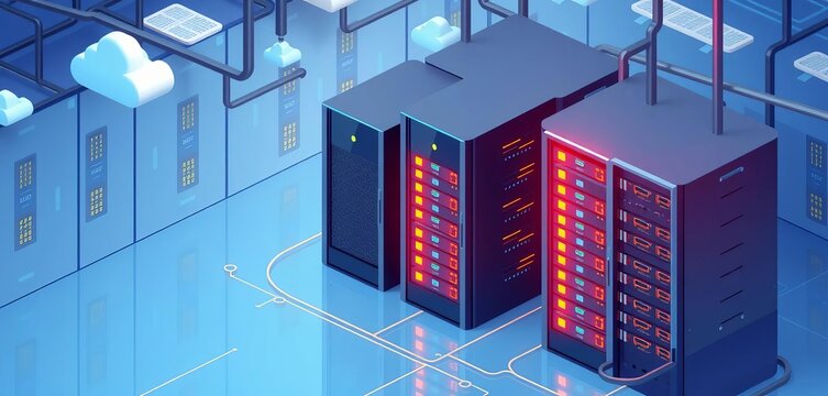 Isometric illustration of a server room with large data storage and cloud connection, showcasing online hosting technology,  vector,  database