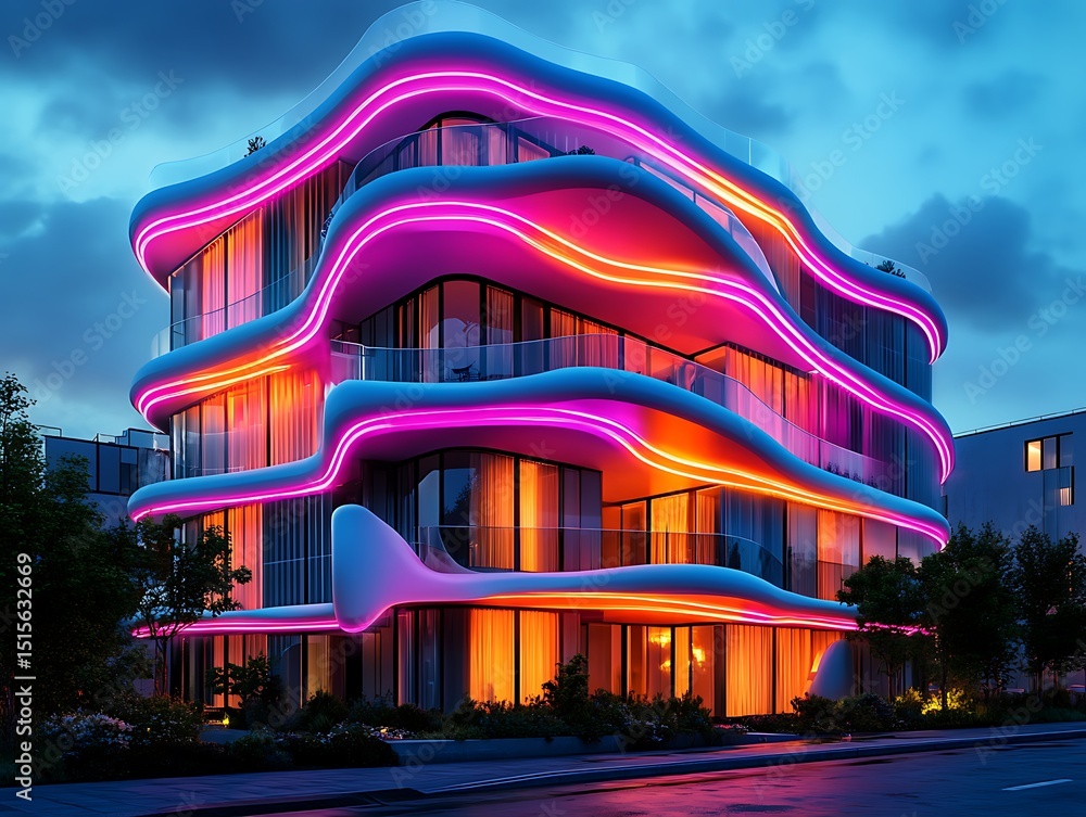 Aufkleber contemporary urban architecture with illuminated facade and futuristic design elements