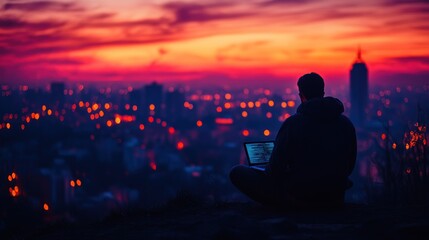 a solitary figure silhouetted against a vibrant sunset over a cityscape works on a laptop symbolizing remote work digital nomadism and urban connectivity amidst the twilight glow